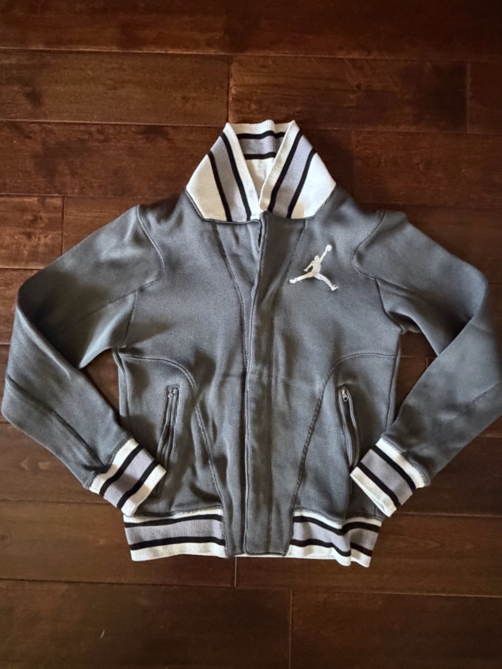 Jordan Grey and White Athletic Jacket with Patterned Trim
